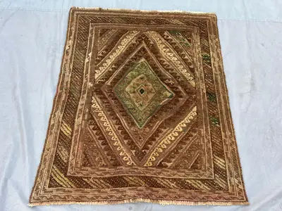 3'10"x4'2' Ft Vintage Afghan Baluchi Hand-Knotted Rug, Geometric Design, Soft Pile, Tribal Wool, Unique Antiqu