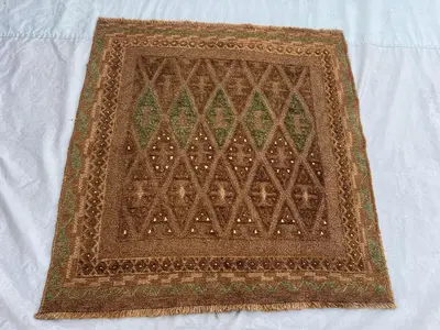 4'2x4'3 Ft Afghan Baluchi Hand-Knotted Vintage Rug, Soft Pile, Geometric Design, Tribal Wool, Unique Antique H