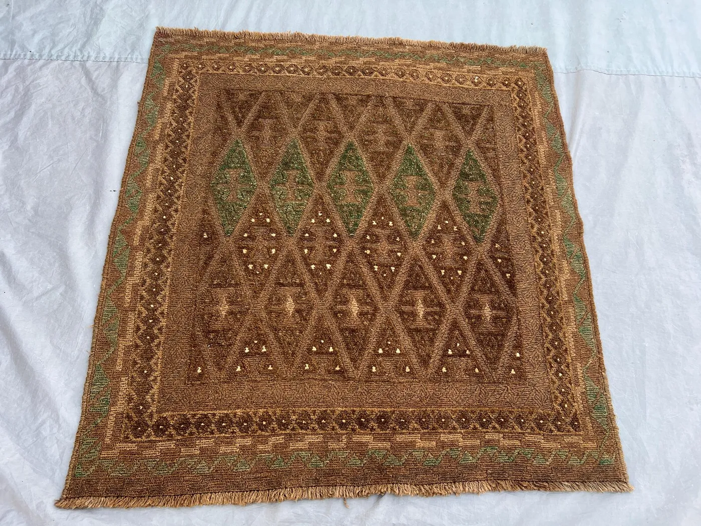 4'2x4'3 Ft Afghan Baluchi Hand-Knotted Vintage Rug, Soft Pile, Geometric Design, Tribal Wool, Unique Antique Home Decor Living Room Bed Room