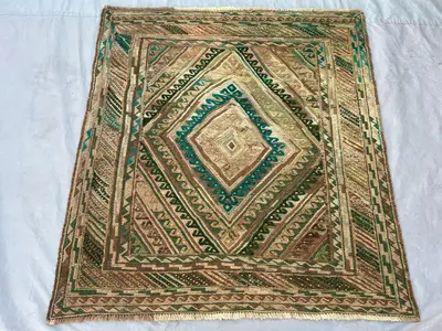 Vintage Afghan Baluchi Hand-Knotted Rug, 4x4'4 ft, Tribal Geometric, Boho Living Room, Soft Pile, Rare Decorat