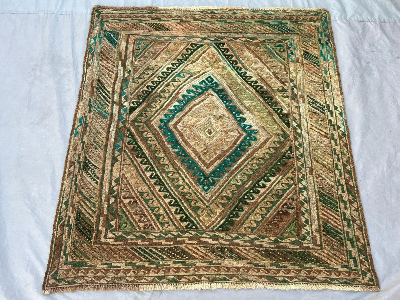 Vintage Afghan Baluchi Hand-Knotted Rug, 4x4'4 ft, Tribal Geometric, Boho Living Room, Soft Pile, Rare Decorative Accent Rug, Handwoven