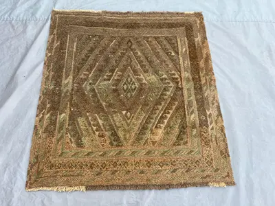 3'9x3'11 ft, Vintage Afghan Baluchi Hand-Knotted Rug, Tribal Geometric, Soft Pile, Brown Green Accent, Boho Li
