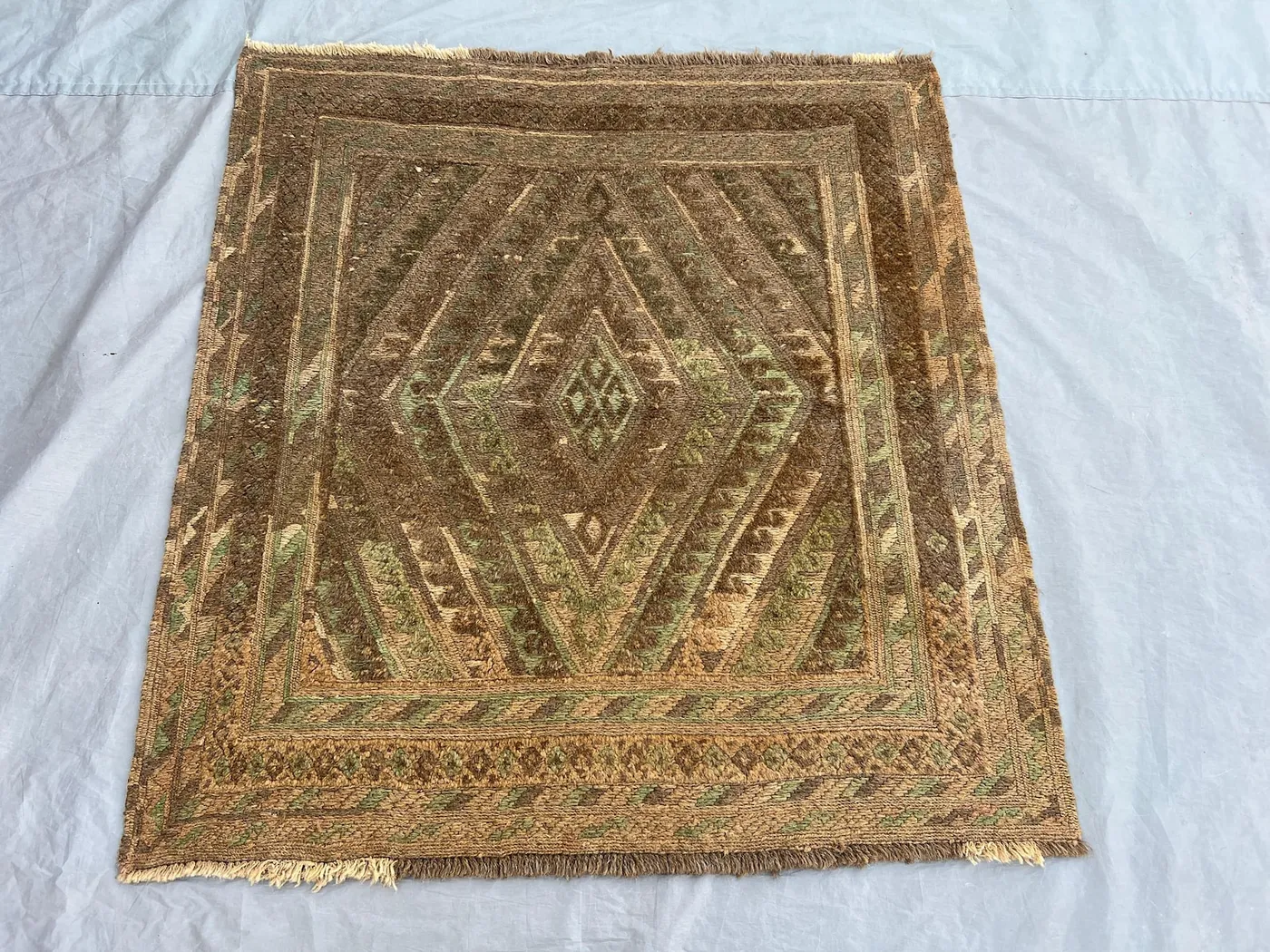 3'9x3'11 ft, Vintage Afghan Baluchi Hand-Knotted Rug, Tribal Geometric, Soft Pile, Brown Green Accent, Boho Living Room, Handwoven