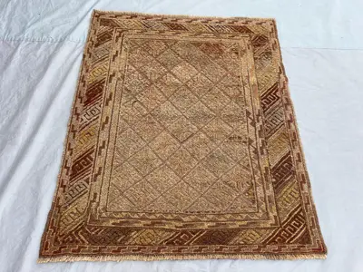 4x4'8 ft Vintage Afghan Baluchi Hand-Knotted Rug, Tribal Geometric, Soft Pile,Moss Green Accent, Boho Accent R