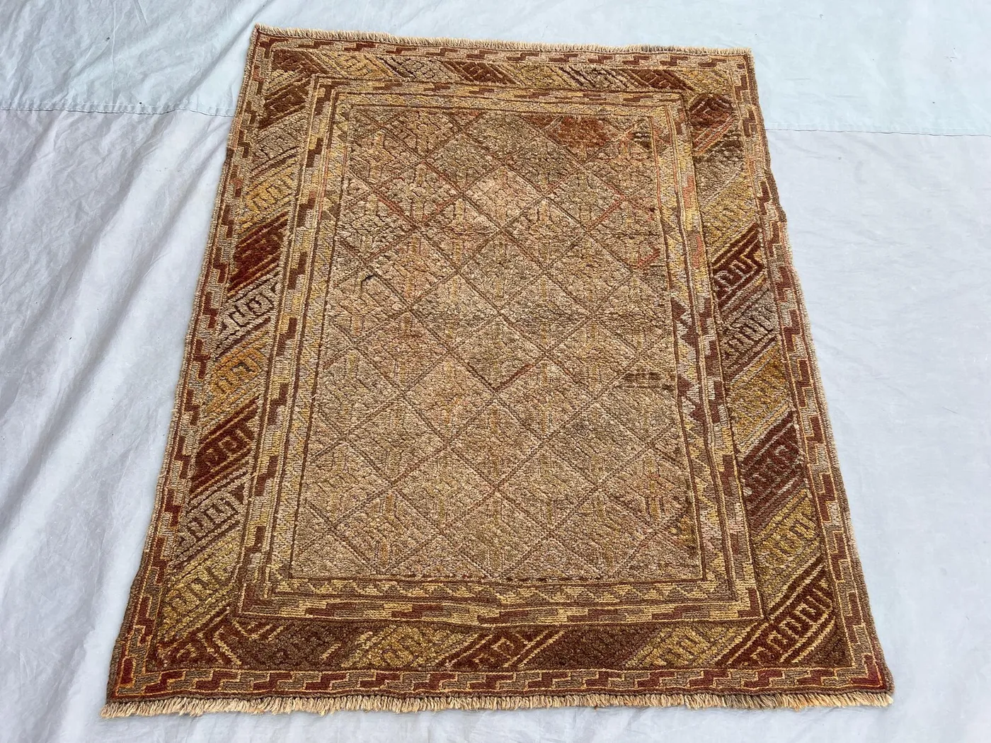 4x4'8 ft Vintage Afghan Baluchi Hand-Knotted Rug, Tribal Geometric, Soft Pile,Moss Green Accent, Boho Accent Rug, Living Room Or Entryway