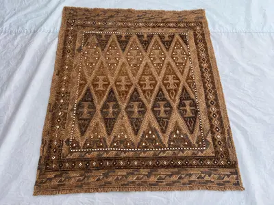 3'9 x 4'4 ft Vintage Afghan Baluchi Handknotted Rug, Tribal Geometric Pattern, Soft Wool Pile, Ethnic Decor, B