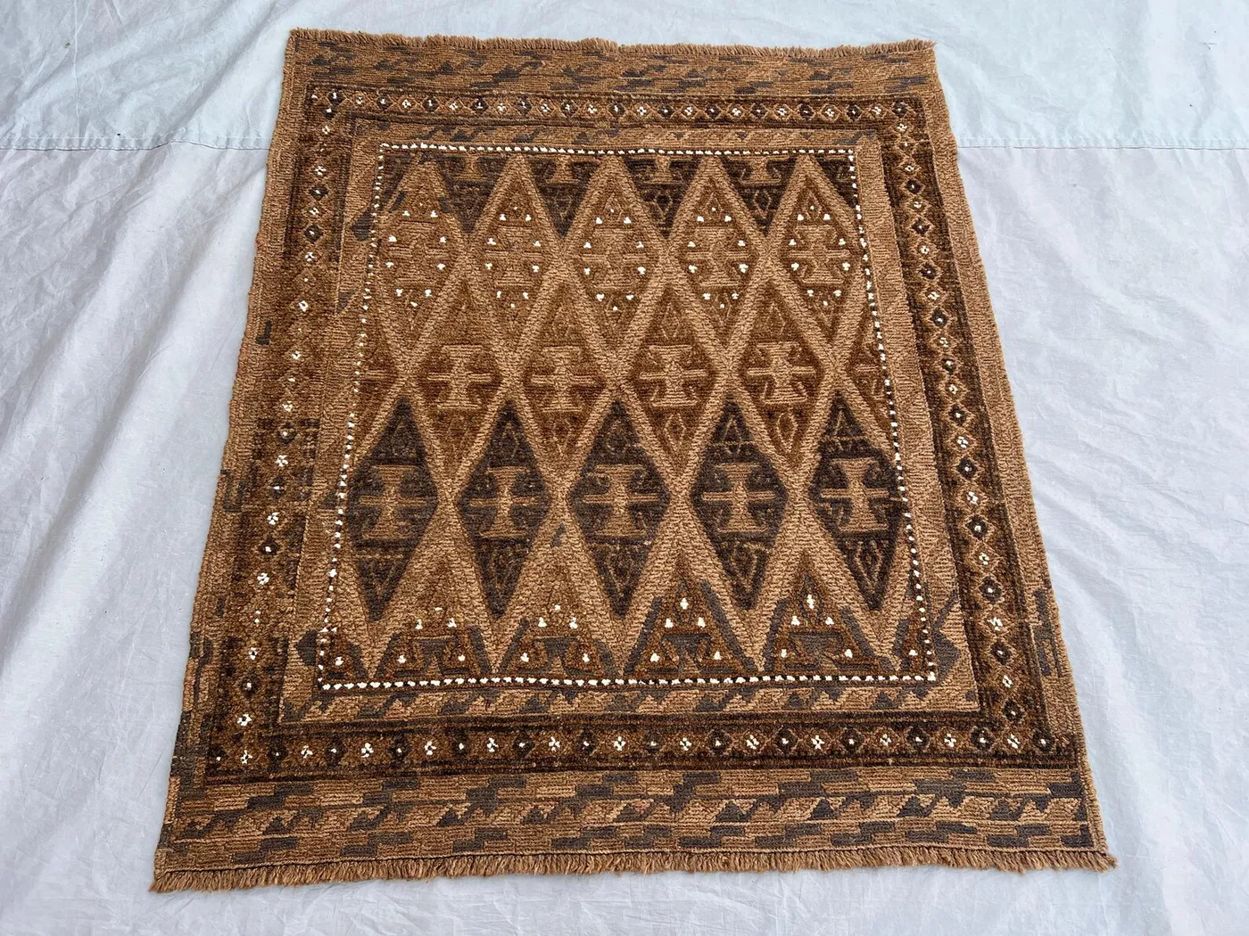 3'9 x 4'4 ft Vintage Afghan Baluchi Handknotted Rug, Tribal Geometric Pattern, Soft Wool Pile, Ethnic Decor, Boho Accent Rug Entryway