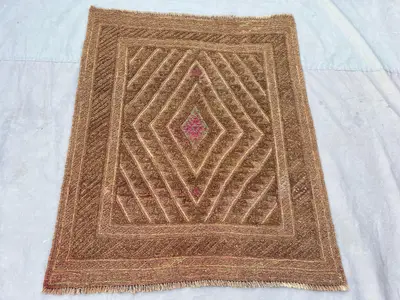 Brown/Beige 3'8" x 4'5" Vintage Afghan Baluchi Rug, Hand-Knotted Wool, Geometric Diamond Design, Textured Pile