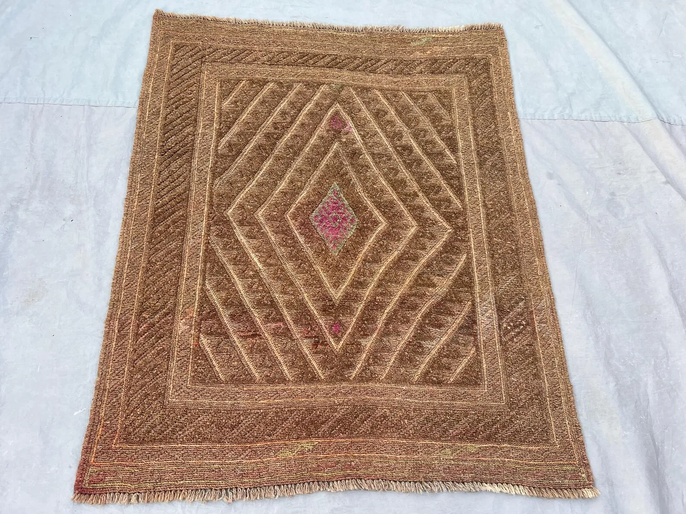 Brown/Beige 3'8" x 4'5" Vintage Afghan Baluchi Rug, Hand-Knotted Wool, Geometric Diamond Design, Textured Pile for Living Room, Bedroom