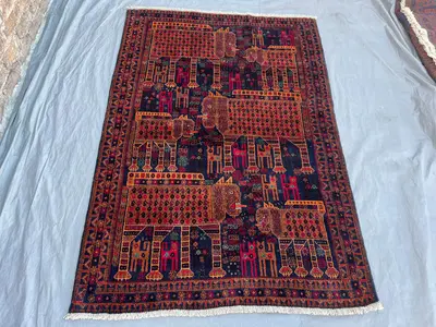 2'2 x 6'6 ft Vintage Afghan Handknotted Rug – Tribal Animals Design, Soft Wool Pile, Living Room, Hallway, Kit