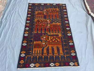 3’10 x 6 ft Afghan Hand Knotted Vintage Rug Tribal Pictorial Animal Print Tribal Wool Area Rug Living Room Bed