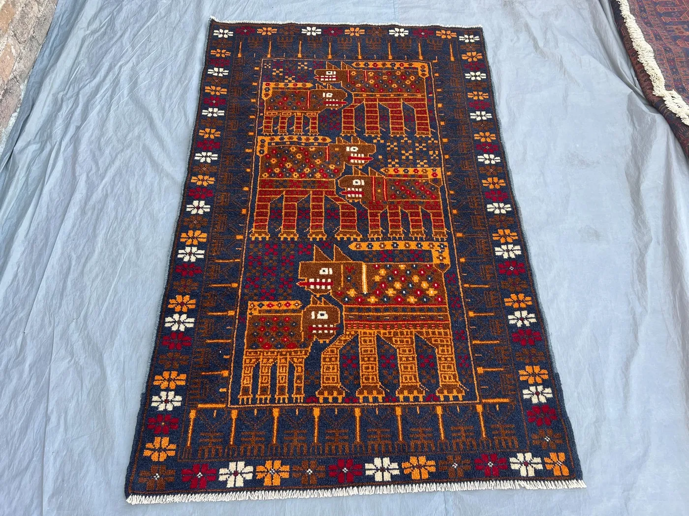 3’10 x 6 ft Afghan Hand Knotted Vintage Rug Tribal Pictorial Animal Print Tribal Wool Area Rug Living Room Bedroom Home Decor One Of A Kind