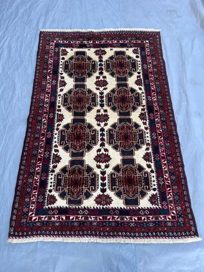 6x3'10 ft Vintage Afghan Hand-Knotted Rug, Tribal Geometric Design, Wool Area Rug, Boho Home Decor, Red and Cr