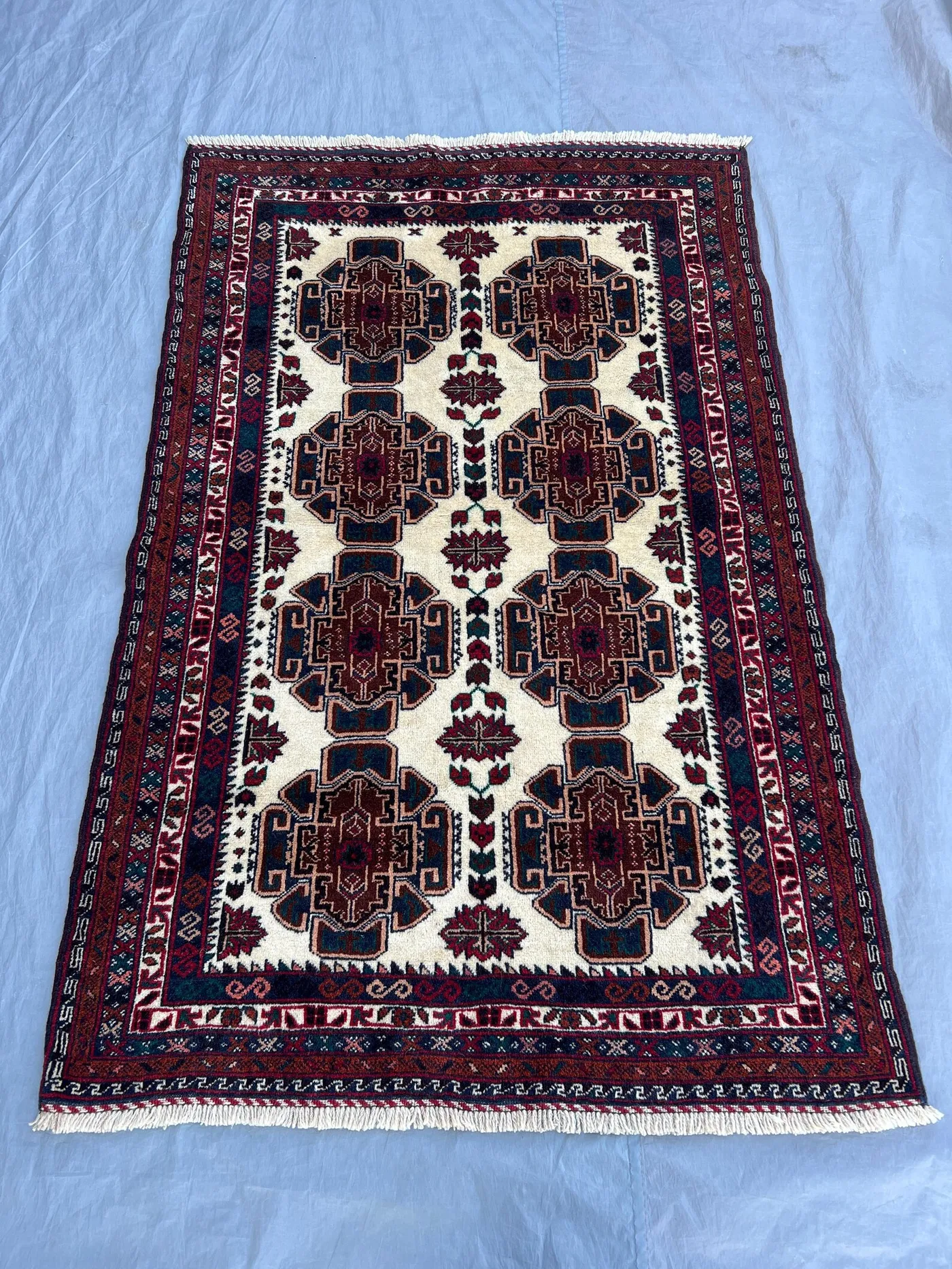 6x3'10 ft Vintage Afghan Hand-Knotted Rug, Tribal Geometric Design, Wool Area Rug, Boho Home Decor, Red and Cream, Handmade Oriental Carpet