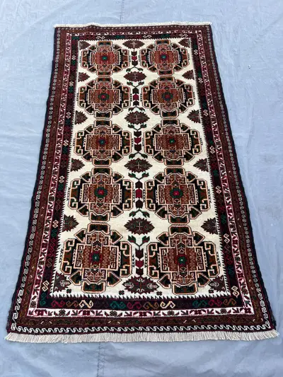 3'8x6'4 ft, Vintage Afghan Baluchi Hand-Knotted Rug, Geometric Tribal Wool, Design, Soft Pile, Hallway, Boho D