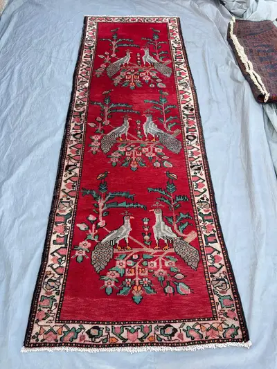 Red 3'6 x 10'5 ft Vintage Afghan Handknotted Runner Rug with Peacock Motif - Tribal Wool, Unique Pattern,  Hal