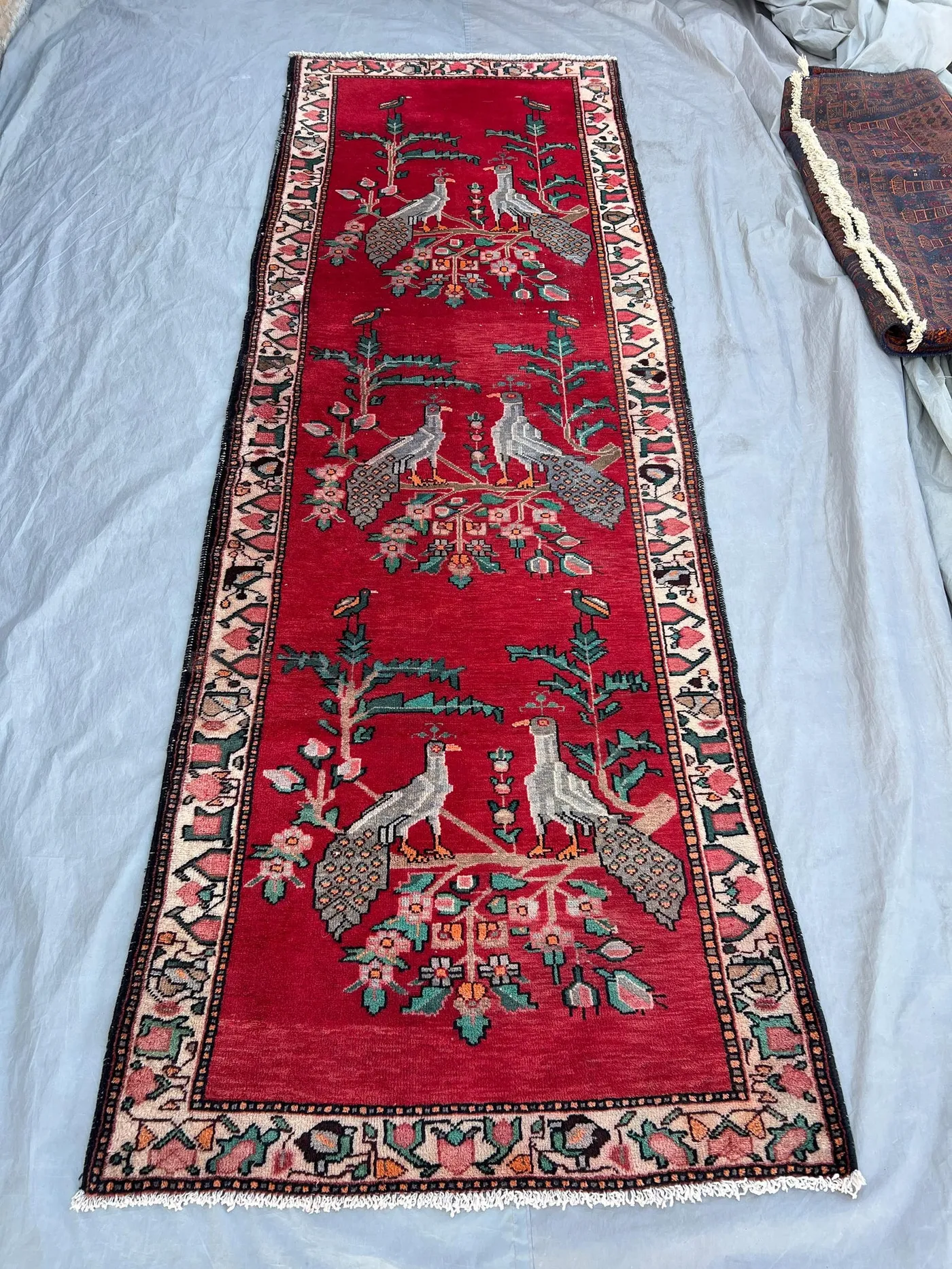 Red 3'6 x 10'5 ft Vintage Afghan Handknotted Runner Rug with Peacock Motif - Tribal Wool, Unique Pattern, Hallway Entryway Home Decor