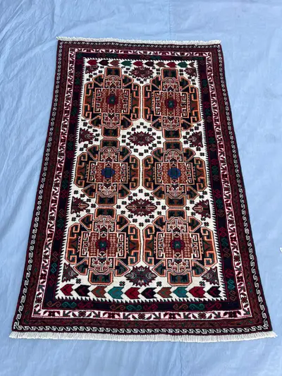 3'7x5'9 ft, Vintage Afghan Baluchi Hand-Knotted Rug, Geometric Tribal Wool, Design, Soft Pile, Hallway, Boho D