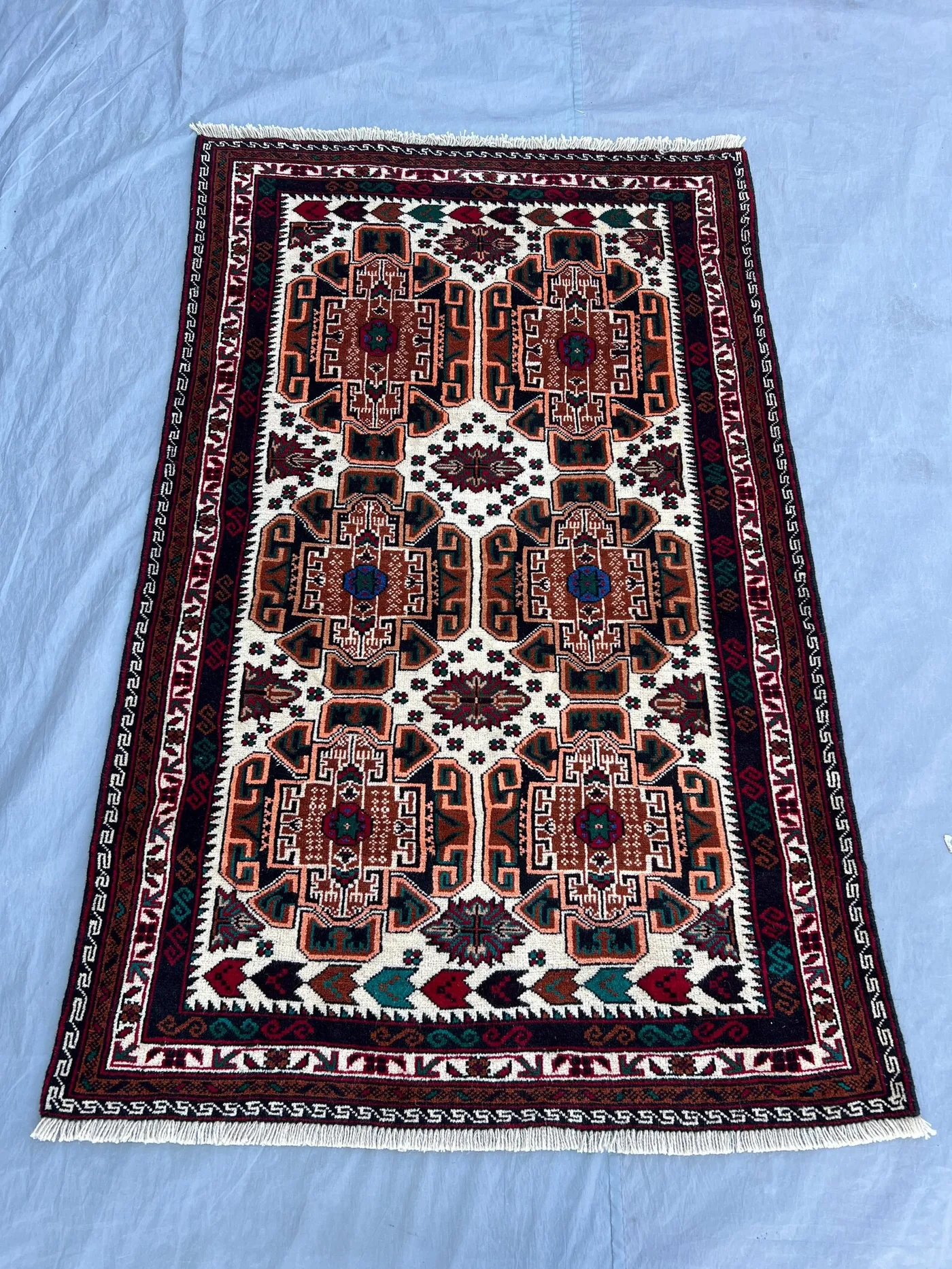 3'7x5'9 ft, Vintage Afghan Baluchi Hand-Knotted Rug, Geometric Tribal Wool, Design, Soft Pile, Hallway, Boho Decor Rug Living Room Hallway
