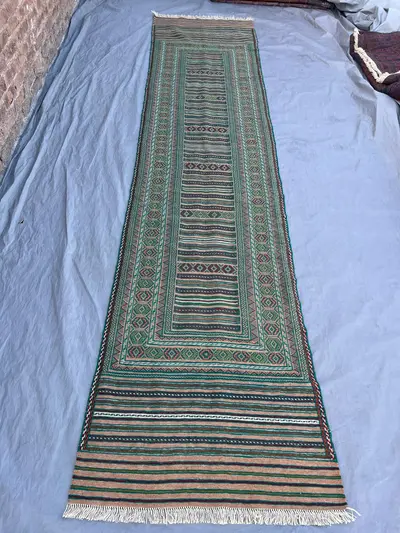 2'11x12'7 ft Vintage Afghan Baluchi Handwoven Kilim Flatweave, Traditional Handwoven Tribal Art, Green and Red