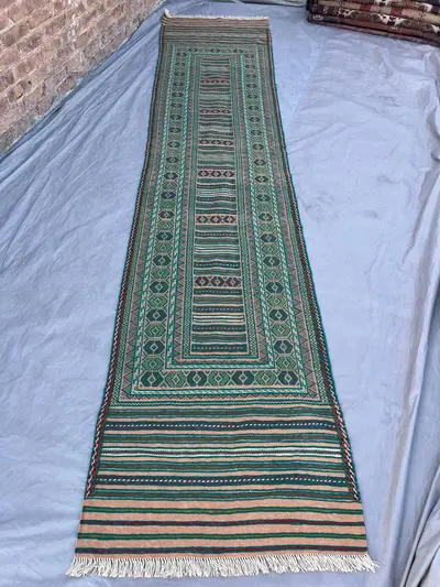 2'9 x 12'5 ft Vintage Afghan Kilim Handwoven Runner Rug, Geometric & Tribal Design, Flatweave, Hallway Runway 