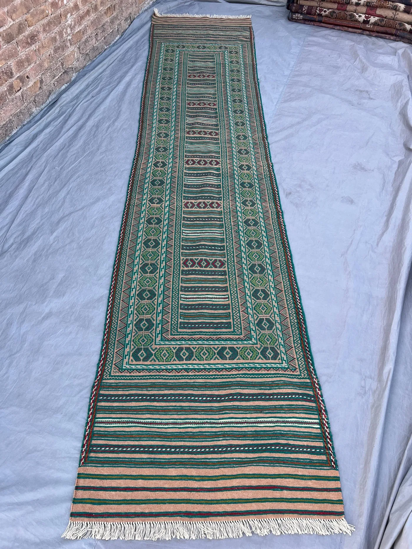 2'9 x 12'5 ft Vintage Afghan Kilim Handwoven Runner Rug, Geometric & Tribal Design, Flatweave, Hallway Runway Boho Décor