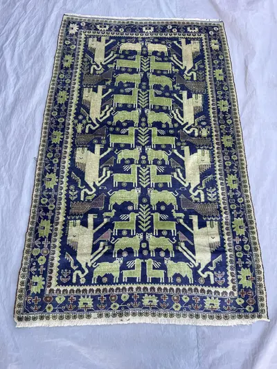 3'11 x 6'6 ft Vintage Afghan Handwoven Rug, Geometric & Animal Design, Soft Pile, Pictorial Area Rug, Living R