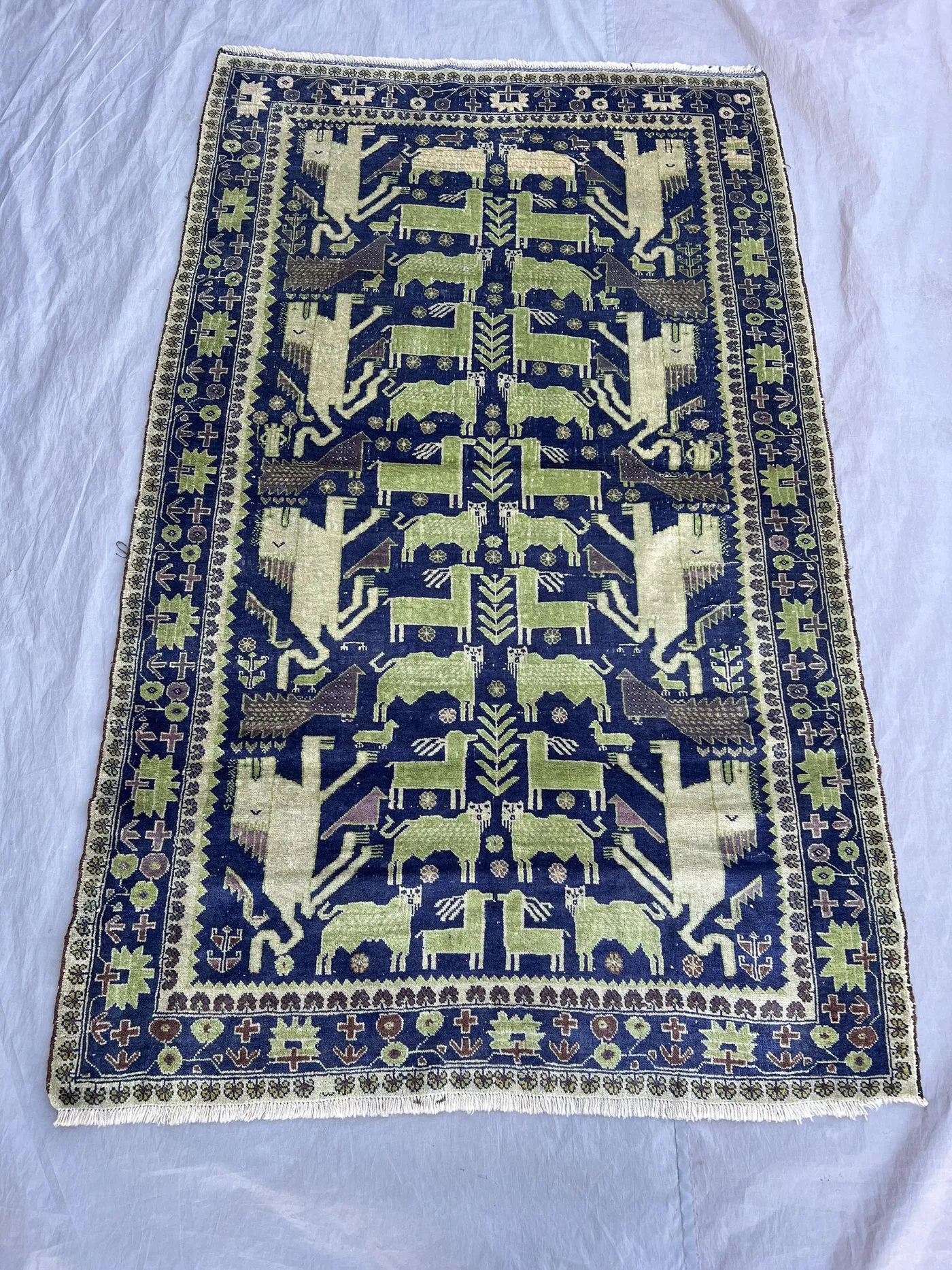 3'11 x 6'6 ft Vintage Afghan Handwoven Rug, Geometric & Animal Design, Soft Pile, Pictorial Area Rug, Living Room, Bed Room  Boho Décor
