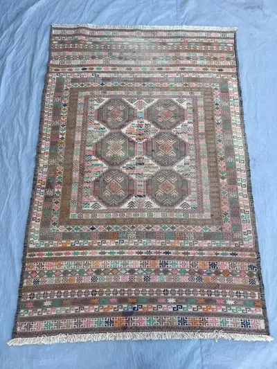 Antique 3'10 x 6'2 Afghan Kilim Handwoven Rug, Geometric & Tribal Design, Distressed, Area Rug, Boho Hallway D