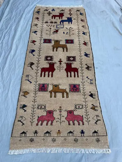 3’4 x 8 ft Vintage Afghan Hand Woven Kilim Flat Weave Runner Tribal Pictorial Animal Print Hallway Entryway Ki