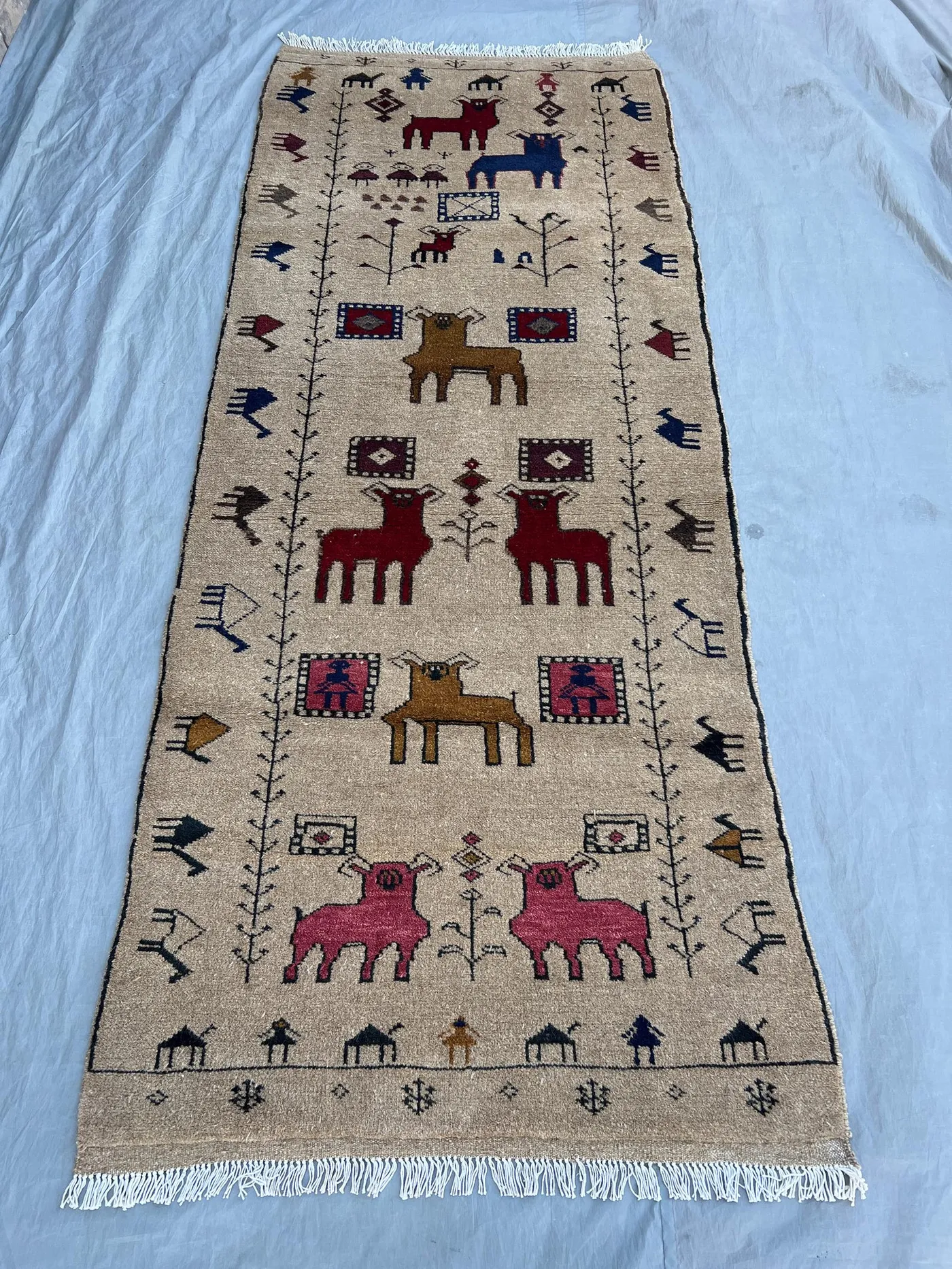 3’4 x 8 ft Vintage Afghan Hand Woven Kilim Flat Weave Runner Tribal Pictorial Animal Print Hallway Entryway Kitchen Runner Home Decor