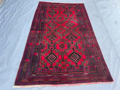 Red 5' x 8'3" Antique Afghan Baluchi Rug, Hand-Knotted Wool, Geometric Tribal Diamond Design, Soft Pile for Li