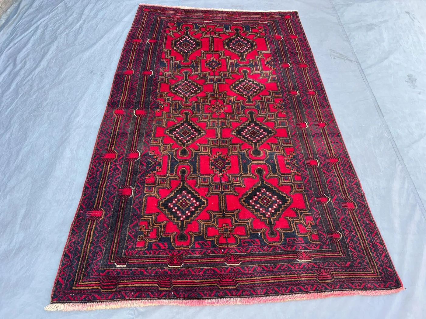 Red 5' x 8'3" Antique Afghan Baluchi Rug, Hand-Knotted Wool, Geometric Tribal Diamond Design, Soft Pile for Living Room, Bedroom, Home Decor