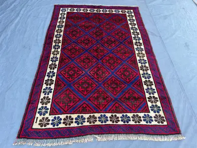 Red 5'2" x 7'6" Vintage Afghan Baluchi Rug, Hand-Knotted Wool, Geometric Tribal Diamond Design, Soft Pile  Liv