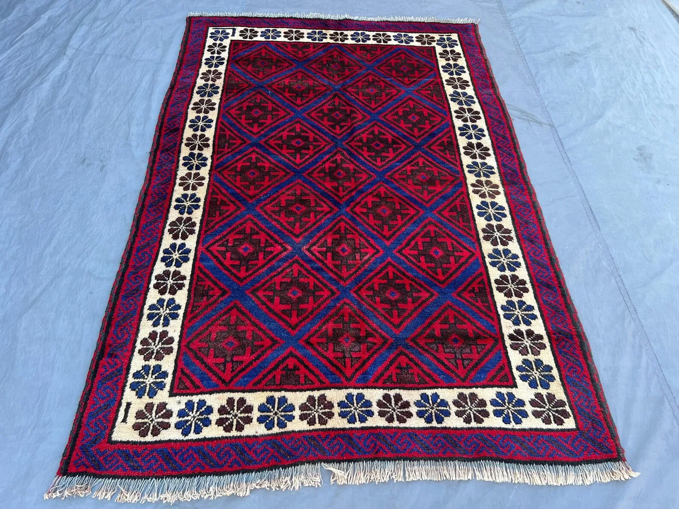 Red 5'2" x 7'6" Vintage Afghan Baluchi Rug, Hand-Knotted Wool, Geometric Tribal Diamond Design, Soft Pile Living Room, Bedroom, Home Decor