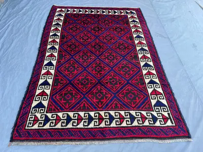 Red 5'8" x 8'3" Vintage Afghan Baluchi Rug, Hand-Knotted Wool, Geometric Tribal Diamond Design, Soft Pile  Liv