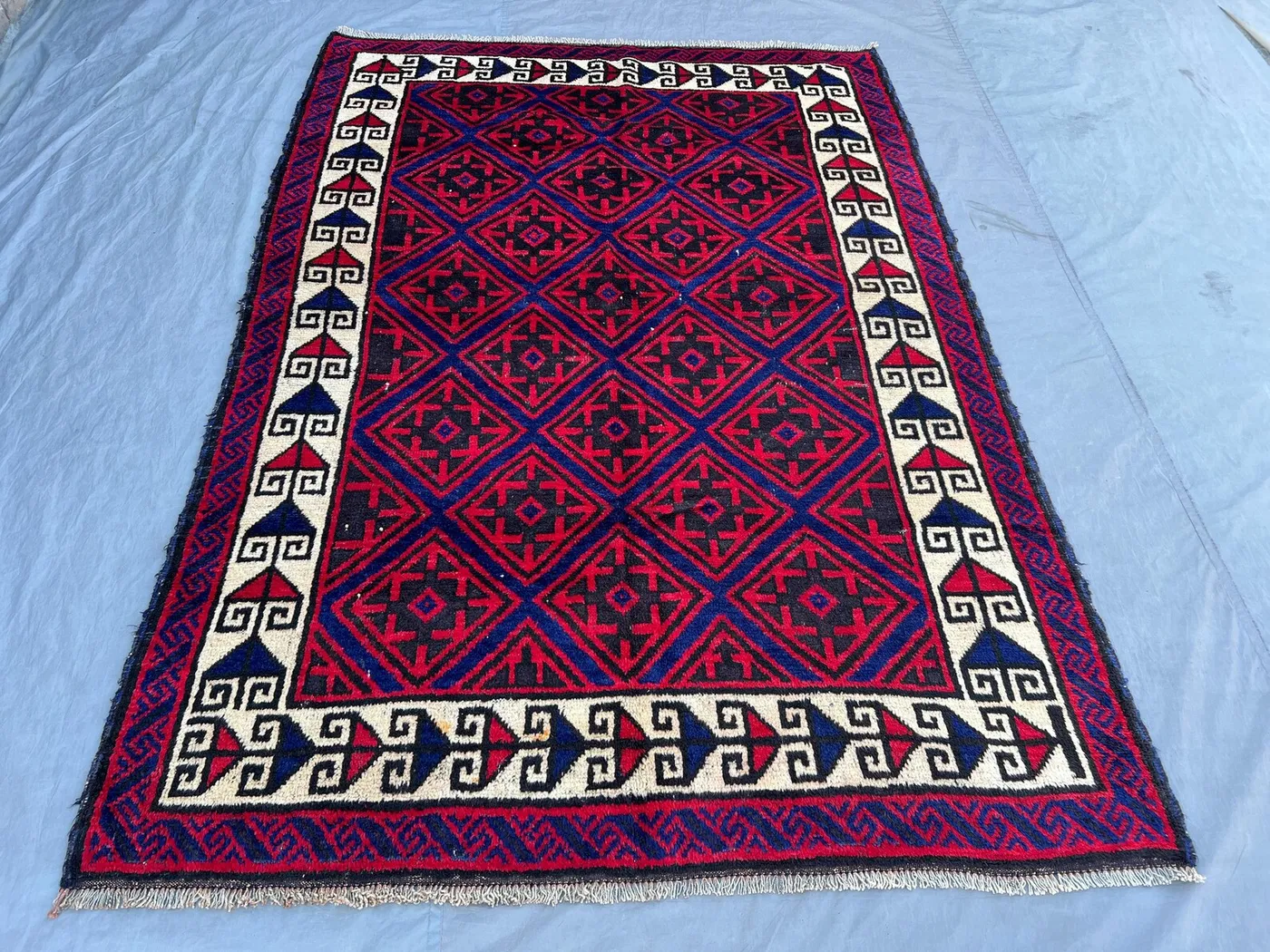 Red 5'8" x 8'3" Vintage Afghan Baluchi Rug, Hand-Knotted Wool, Geometric Tribal Diamond Design, Soft Pile Living Room, Bedroom, Home Decor