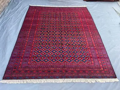 Red 7' x 8'8" Vintage Afghan Baluchi Rug, Hand-Knotted Wool, Geometric Tribal Diamond Design, Soft Pile for Li