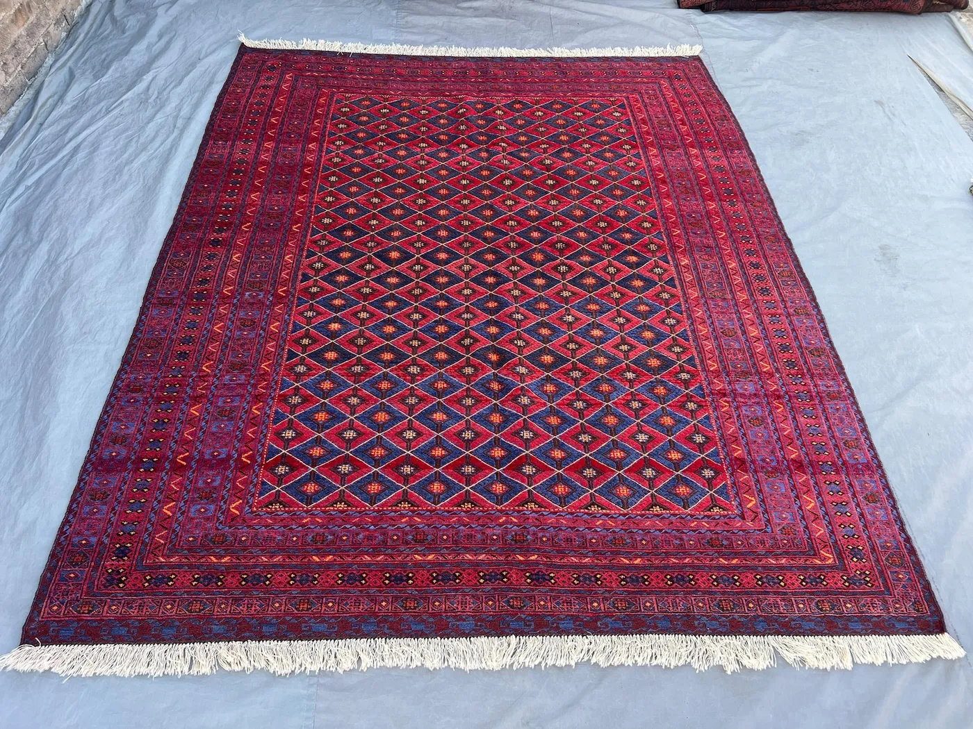 Red 7' x 8'8" Vintage Afghan Baluchi Rug, Hand-Knotted Wool, Geometric Tribal Diamond Design, Soft Pile for Living Room, Bedroom, Home Decor