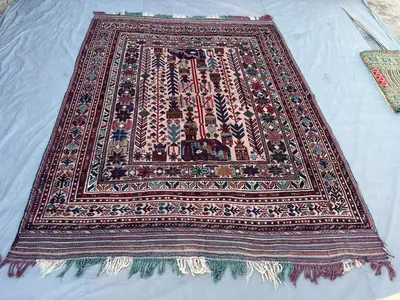 Deep Red 6'10" x 9'1" Vintage Afghan Baluchi Tribal Rug, Hand-Knotted Wool, Geometric Hooked Diamond Pattern, 