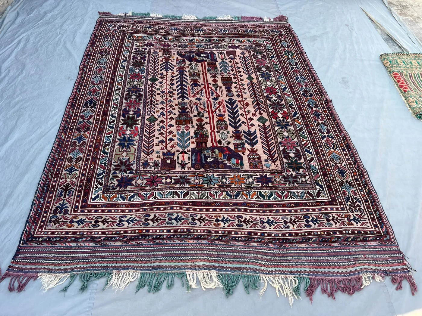 Deep Red 6'10" x 9'1" Vintage Afghan Baluchi Tribal Rug, Hand-Knotted Wool, Geometric Hooked Diamond Pattern, Soft Low Pile Living Room