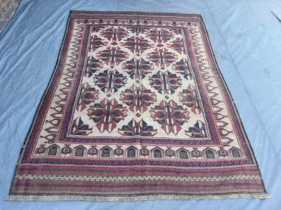 6'4 x 8'8 ft Vintage Afghan Baluchi Handwoven Flatweave Wool Rug, Tribal Design, Unique Pattern, Decor Rug, Tr