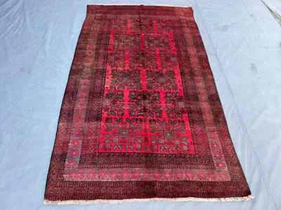Red 4'7" x 8'3" Vintage Afghan Baluchi Rug, Hand-Knotted Wool, Geometric Tribal Medallion Design, Soft Pile fo