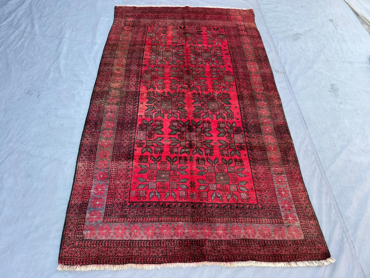 Red 4'7" x 8'3" Vintage Afghan Baluchi Rug, Hand-Knotted Wool, Geometric Tribal Medallion Design, Soft Pile for Living Room, Bedroom