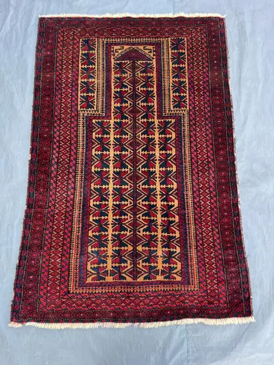 Red 2'11x4'6 ft Vintage Afghan Kilim Flatweave Tribal Geometric Rug, Unique Mihrab Design, Handmade Wool Praye