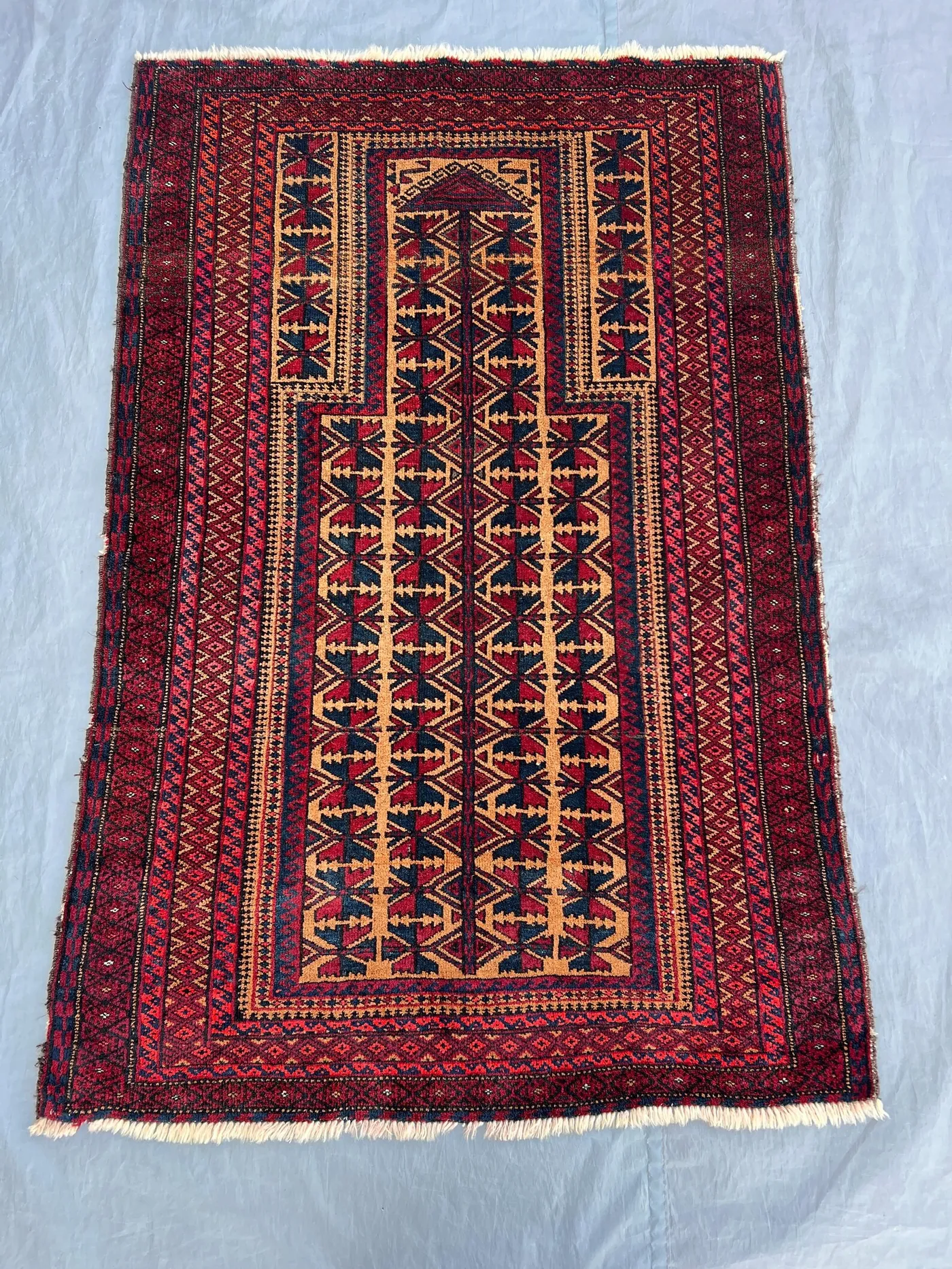 Red 2'11x4'6 ft Vintage Afghan Kilim Flatweave Tribal Geometric Rug, Unique Mihrab Design, Handmade Wool Prayer Rug for Living Room, Hallway