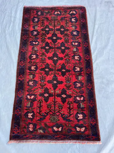 Red 2'10x5'5 ft Afghan Handmade Rug Soft Pile Tribal Geometric Floral Design, Vintage Accent Area Rug for Livi