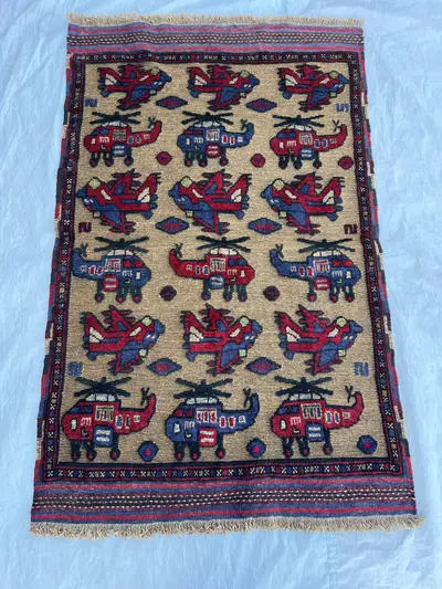 Beige 3x4'10 ft Vintage Afghan Kilim Flatweave Pictorial War Rug, Helicopter & Plane Design, Unique Accent Rug