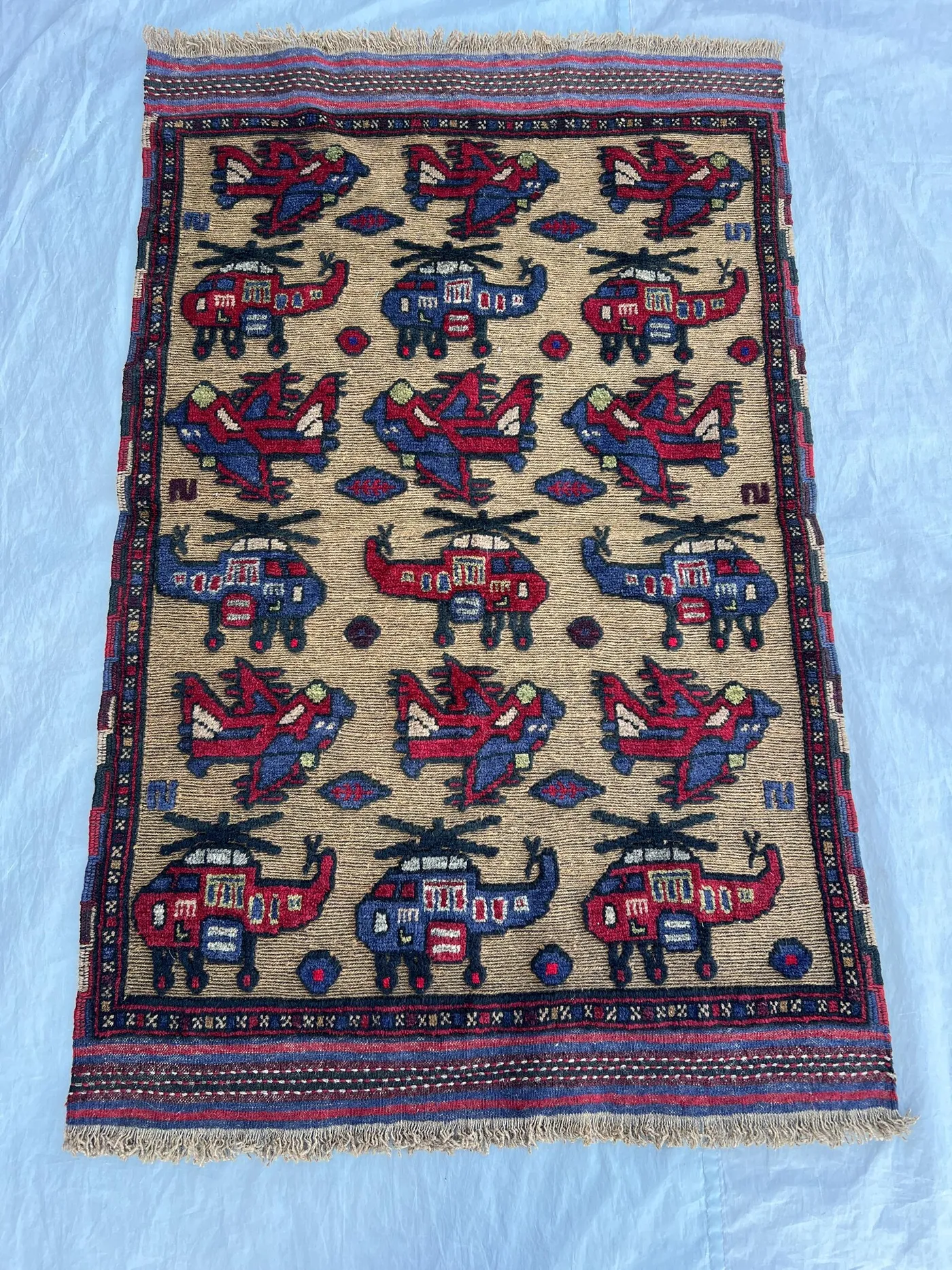 Beige 3x4'10 ft Vintage Afghan Kilim Flatweave Pictorial War Rug, Helicopter & Plane Design, Unique Accent Rug for Living Room, Office