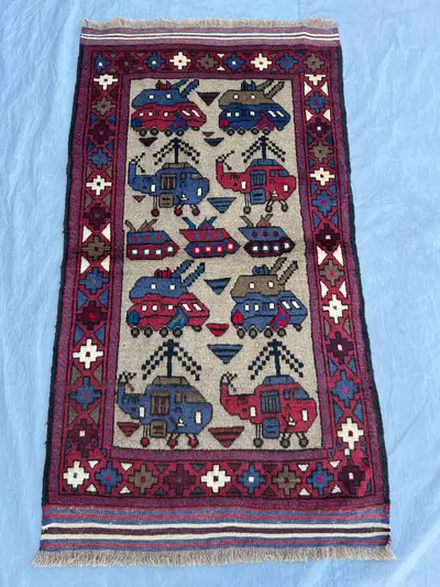 2'11x5'4 ft Vintage Afghan Hand-Knotted Pictorial War Rug, Military Helicopters, Soft Pile, Boho Accent, Handw